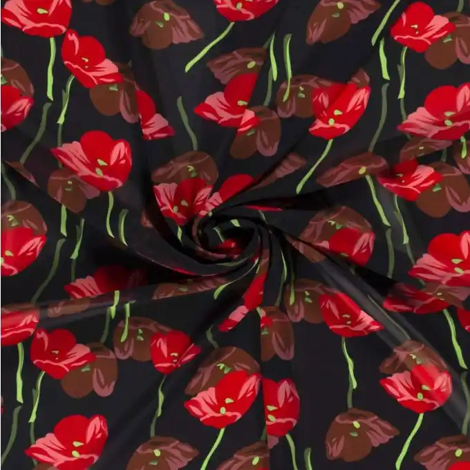 Polyester-Stoff Mohnblumen schwarz - Sonderangebot